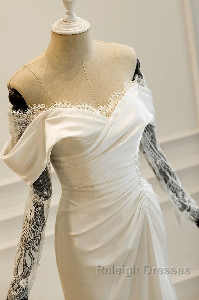 Unique Mermaid Off The Shoulder Pleats Satin Long Sleeves Wedding Dresses Brides Dress Secondary image