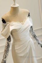 Unique Mermaid Off The Shoulder Pleats Satin Long Sleeves Wedding Dresses Brides Dress