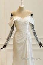 Unique Mermaid Off The Shoulder Pleats Satin Long Sleeves Wedding Dresses Brides Dress