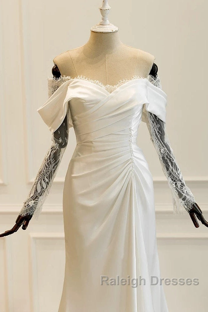 Unique Mermaid Off The Shoulder Pleats Satin Long Sleeves Wedding Dresses Brides Dress