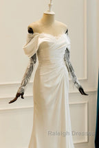 Unique Mermaid Off The Shoulder Pleats Satin Long Sleeves Wedding Dresses Brides Dress