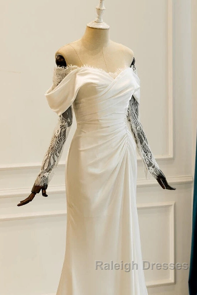 Unique Mermaid Off The Shoulder Pleats Satin Long Sleeves Wedding Dresses Brides Dress