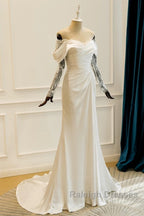 Unique Mermaid Off The Shoulder Pleats Satin Long Sleeves Wedding Dresses Brides Dress