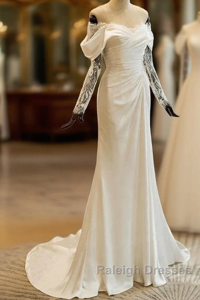 Unique Mermaid Off The Shoulder Pleats Satin Long Sleeves Wedding Dresses Brides Dress Main image