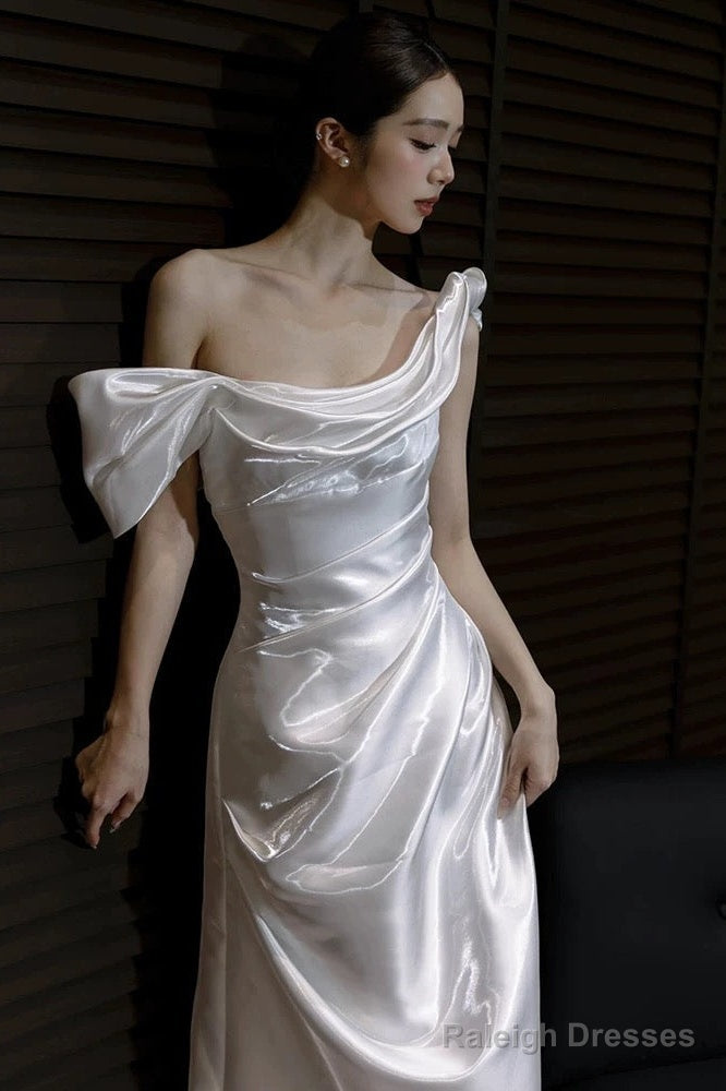 Unique Mermaid Off The Shoulder Pleats Satin Short Sleeves Wedding Dress Brides Dresses