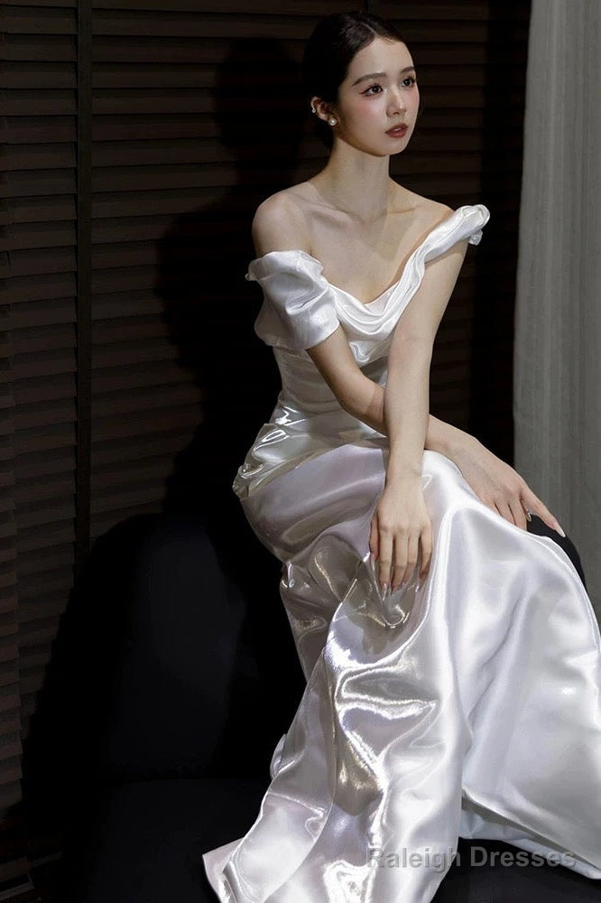 Unique Mermaid Off The Shoulder Pleats Satin Short Sleeves Wedding Dresses Brides Dress