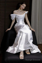 Unique Mermaid Off The Shoulder Pleats Satin Short Sleeves Wedding Dress Brides Dresses