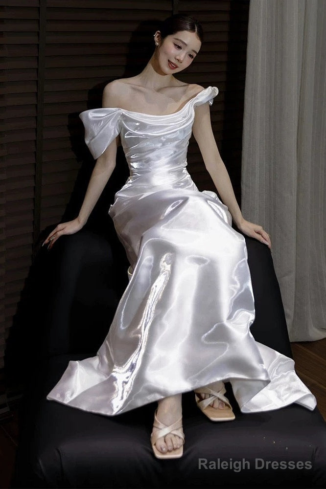 Unique Mermaid Off The Shoulder Pleats Satin Short Sleeves Wedding Dress Brides Dresses