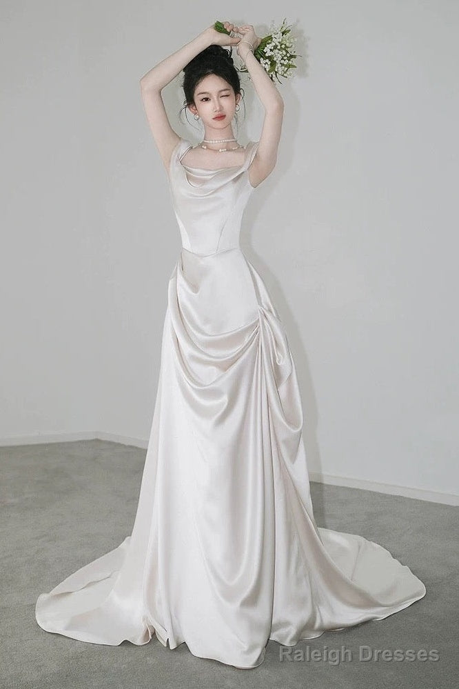 Unique Mermaid Off The Shoulder Pleats Short Sleeves Satin Ivory Wedding Dresses Secondary image