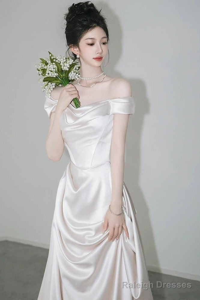 Unique Mermaid Off The Shoulder Pleats Short Sleeves Satin Ivory Wedding Dress