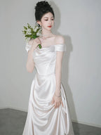 Unique Mermaid Off The Shoulder Pleats Short Sleeves Satin Ivory Wedding Dress