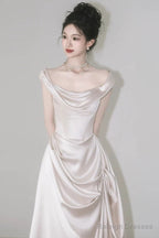 Unique Mermaid Off The Shoulder Pleats Short Sleeves Satin Ivory Wedding Dresses