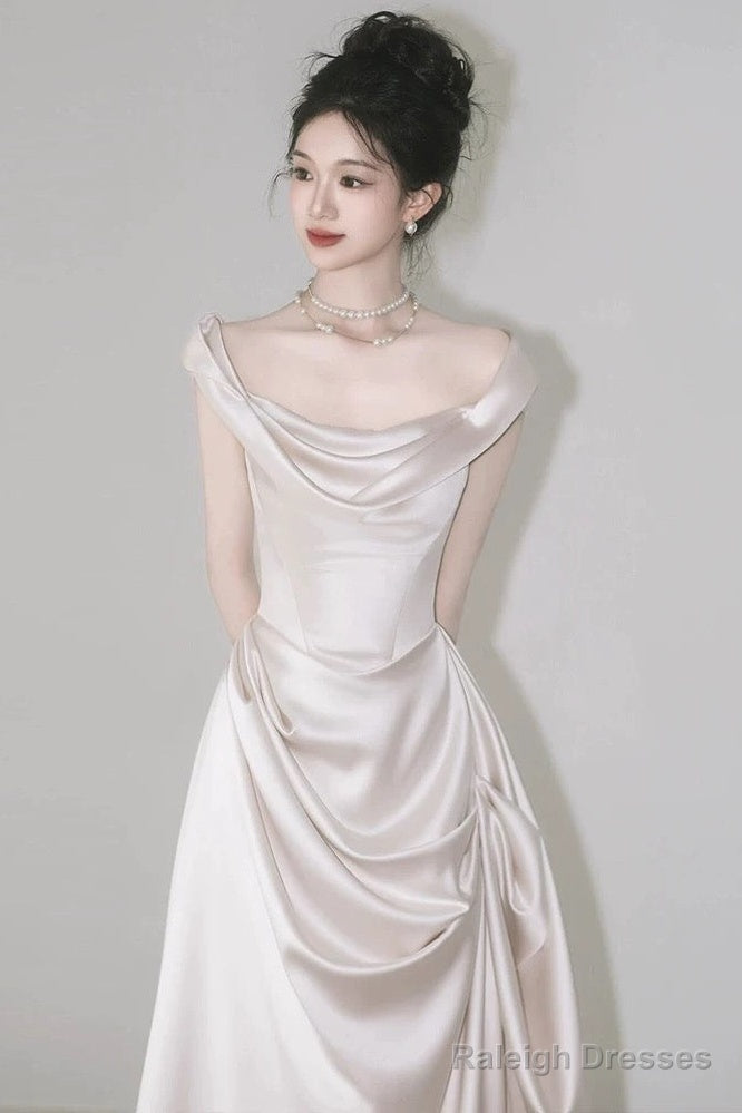 Unique Mermaid Off The Shoulder Pleats Short Sleeves Satin Ivory Wedding Dress