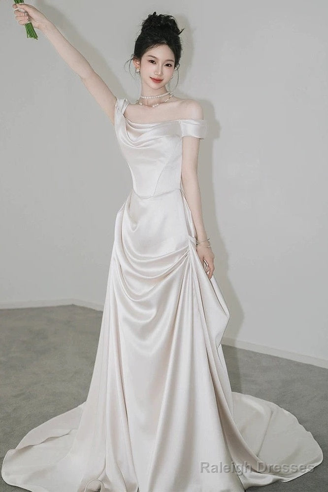 Unique Mermaid Off The Shoulder Pleats Short Sleeves Satin Ivory Wedding Dress