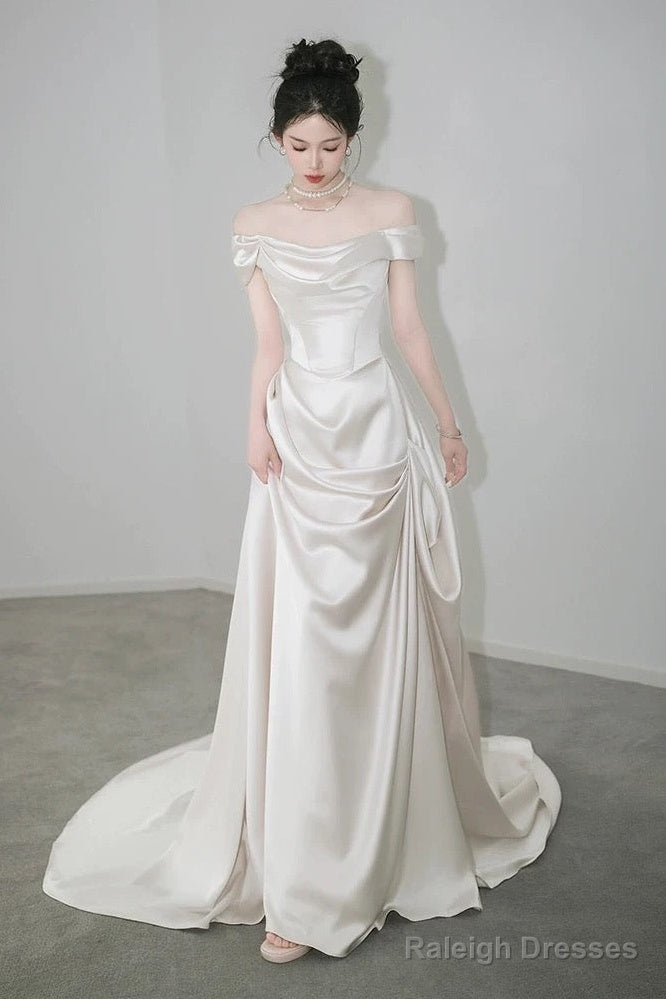 Unique Mermaid Off The Shoulder Pleats Short Sleeves Satin Ivory Wedding Dress