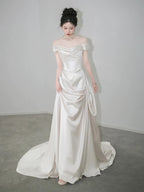 Unique Mermaid Off The Shoulder Pleats Short Sleeves Satin Ivory Wedding Dress