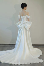 Unique Mermaid Off The Shoulder Pleats Short Sleeves Satin Wedding Dress