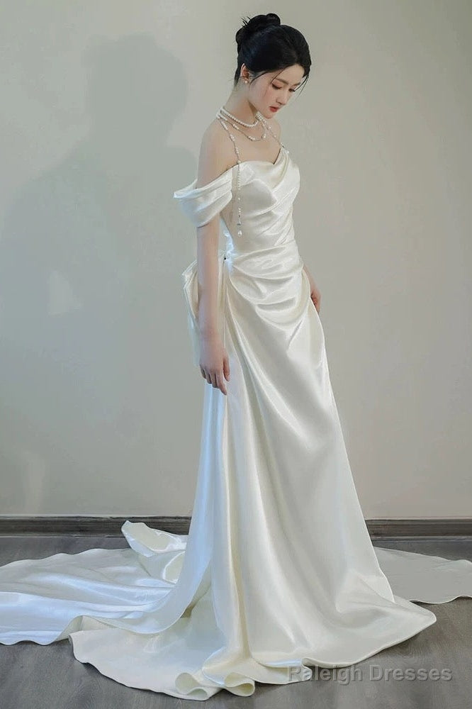 Unique Mermaid Off The Shoulder Pleats Short Sleeves Satin Wedding Dress
