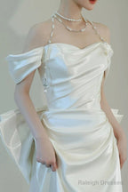 Unique Mermaid Off The Shoulder Pleats Short Sleeves Satin Wedding Dress