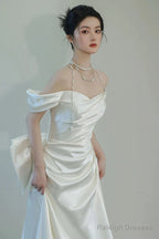 Unique Mermaid Off The Shoulder Pleats Short Sleeves Satin Wedding Dresses