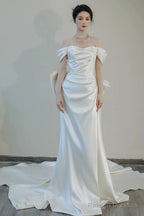 Unique Mermaid Off The Shoulder Pleats Short Sleeves Satin Wedding Dress