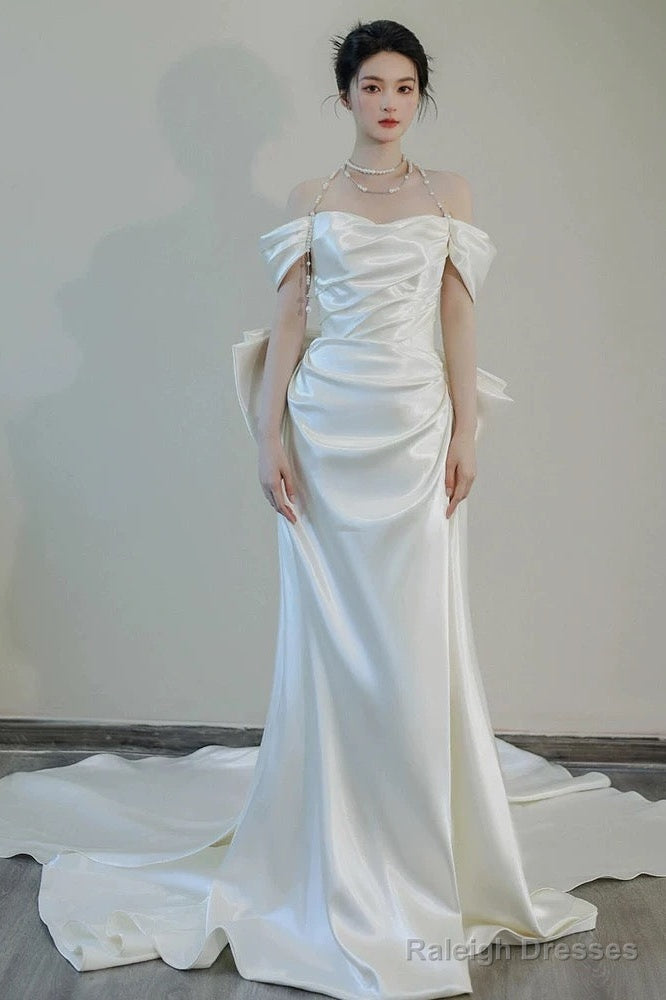 Unique Mermaid Off The Shoulder Pleats Short Sleeves Satin Wedding Dress Main image