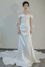 Unique Mermaid Off The Shoulder Pleats Short Sleeves Satin Wedding Dress