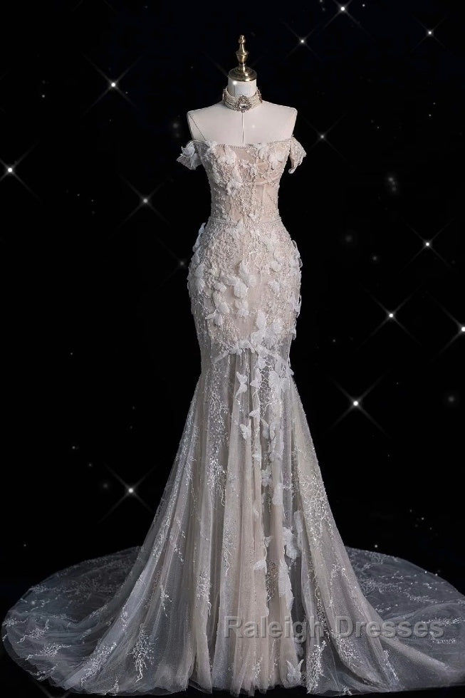 Unique Mermaid Off The Shoulder Sequin Short Sleeves Wedding Dresses Brides Dress