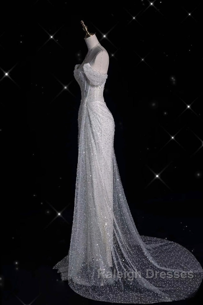 Unique Mermaid Off The Shoulder Sequin Short Sleeves White Wedding Dresses Brides Dress Secondary image