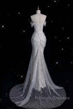 Unique Mermaid Off The Shoulder Sequin Short Sleeves White Wedding Dresses Brides Dress