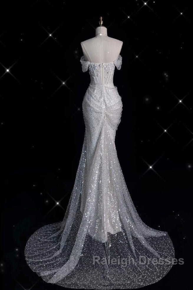 Unique Mermaid Off The Shoulder Sequin Short Sleeves White Wedding Dresses Brides Dress