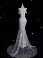 Unique Mermaid Off The Shoulder Sequin Short Sleeves White Wedding Dress Brides Dresses