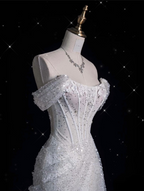 Unique Mermaid Off The Shoulder Sequin Short Sleeves White Wedding Dress Brides Dresses