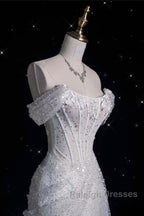 Unique Mermaid Off The Shoulder Sequin Short Sleeves White Wedding Dress Brides Dresses