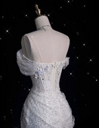 Unique Mermaid Off The Shoulder Sequin Short Sleeves White Wedding Dress Brides Dresses