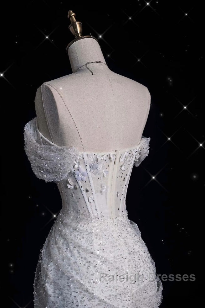 Unique Mermaid Off The Shoulder Sequin Short Sleeves White Wedding Dress Brides Dresses