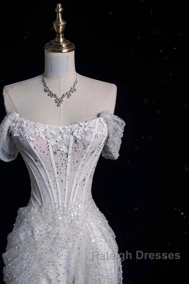 Unique Mermaid Off The Shoulder Sequin Short Sleeves White Wedding Dresses Brides Dress