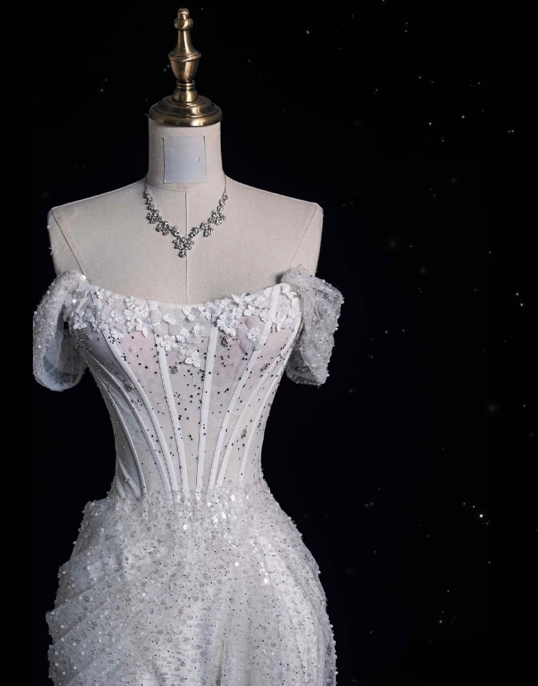 Unique Mermaid Off The Shoulder Sequin Short Sleeves White Wedding Dress Brides Dresses