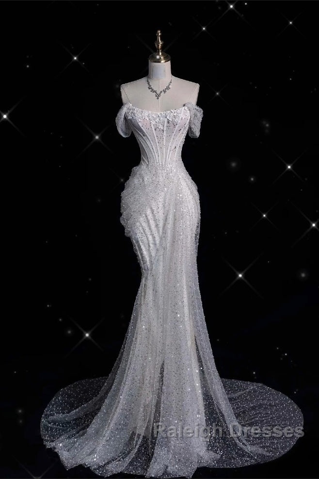 Unique Mermaid Off The Shoulder Sequin Short Sleeves White Wedding Dresses Brides Dress