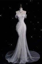 Unique Mermaid Off The Shoulder Sequin Short Sleeves White Wedding Dress Brides Dresses