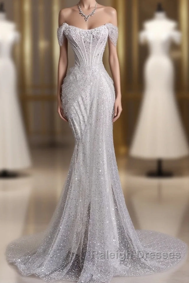 Unique Mermaid Off The Shoulder Sequin Short Sleeves White Wedding Dresses Brides Dress Main image