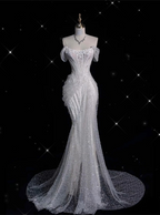 Unique Mermaid Off The Shoulder Sequin Short Sleeves White Wedding Dress Brides Dresses