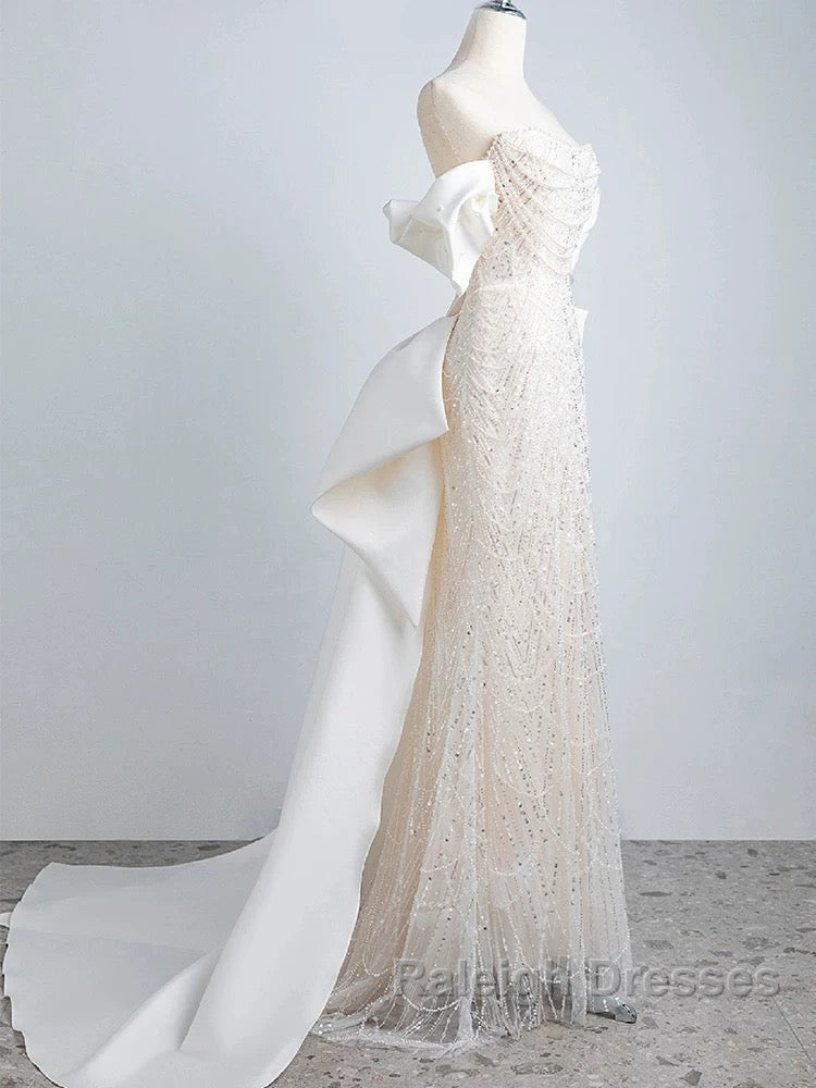 Unique Mermaid Off The Shoulder Short Sleeves Long White Sequin Wedding Dresses