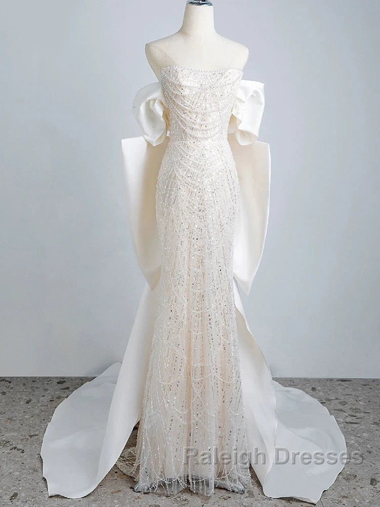 Unique Mermaid Off The Shoulder Short Sleeves Long White Sequin Wedding Dress