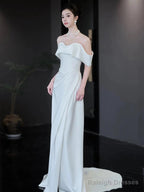 Unique Mermaid Off The Shoulder White Long Wedding Dress With Short Sleeves Brides Dresses