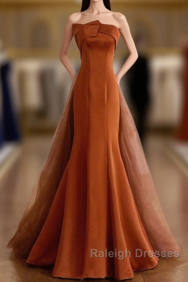 Unique Mermaid Satin Brown Long Prom Dresses Brown Long Prom Dresses