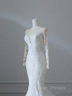 Unique Mermaid Scoop Neckline Long Sleeves Wedding Dresses White Brides Dress