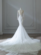 Unique Mermaid Scoop Neckline Long Sleeves Wedding Dresses White Brides Dress