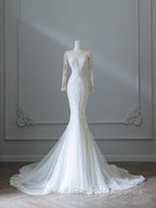 Unique Mermaid Scoop Neckline Long Sleeves Wedding Dress White Brides Dresses