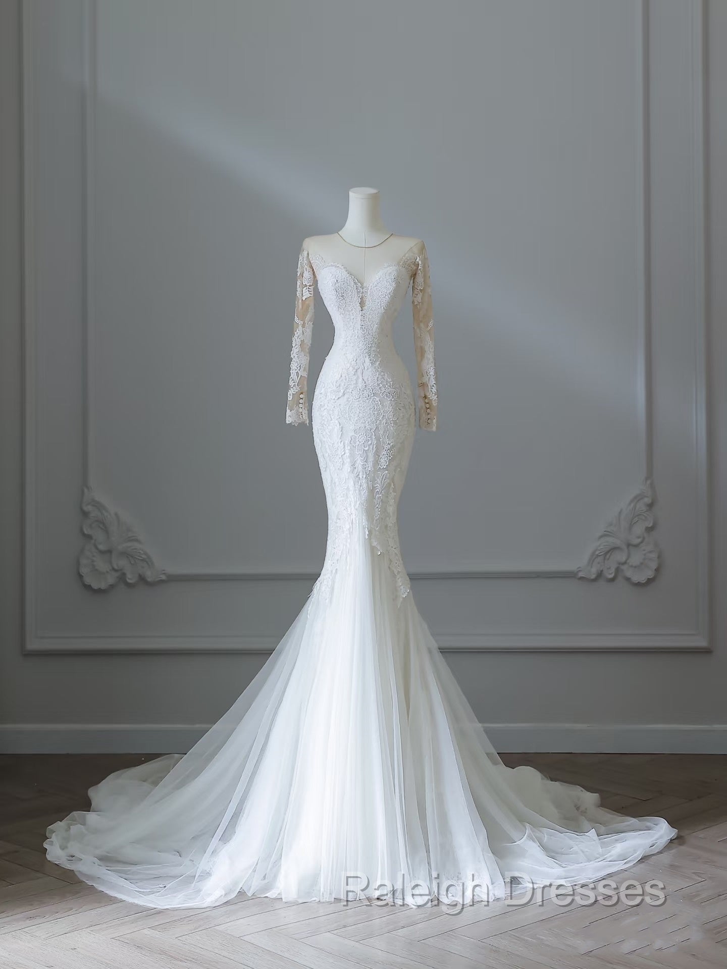 Unique Mermaid Scoop Neckline Long Sleeves Wedding Dress White Brides Dresses
